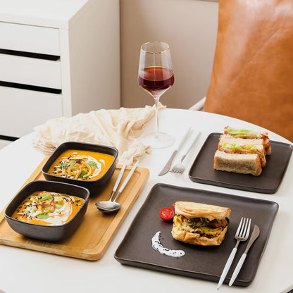 Jonny Stoneware 12 Piece Dinnerware Set, Home Kitchen Modern Square Dish Set with Dinner Plates, Salad Plates, & Bowls, Brown