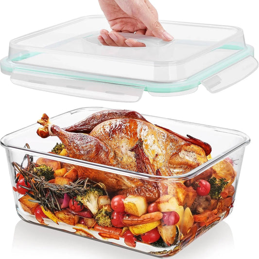 6.5L/ 220Oz/ 27.5Cup Extra Large Glass Food Storage Containers with Snap Airtight Lids for Roasting Turkey, Chicken, Baking Casserole, Fruits, Party, BPA Free, Oven Safe, Freezer, Dishwasher