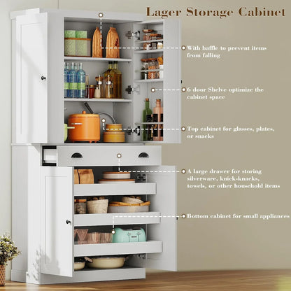 Kitchen Pantry Cabinet 72" Height, Freestanding Cupboard with Drawer, Sliding Storage Rack, and 6 Hanging Shelves for Dining Room, Laundry, White