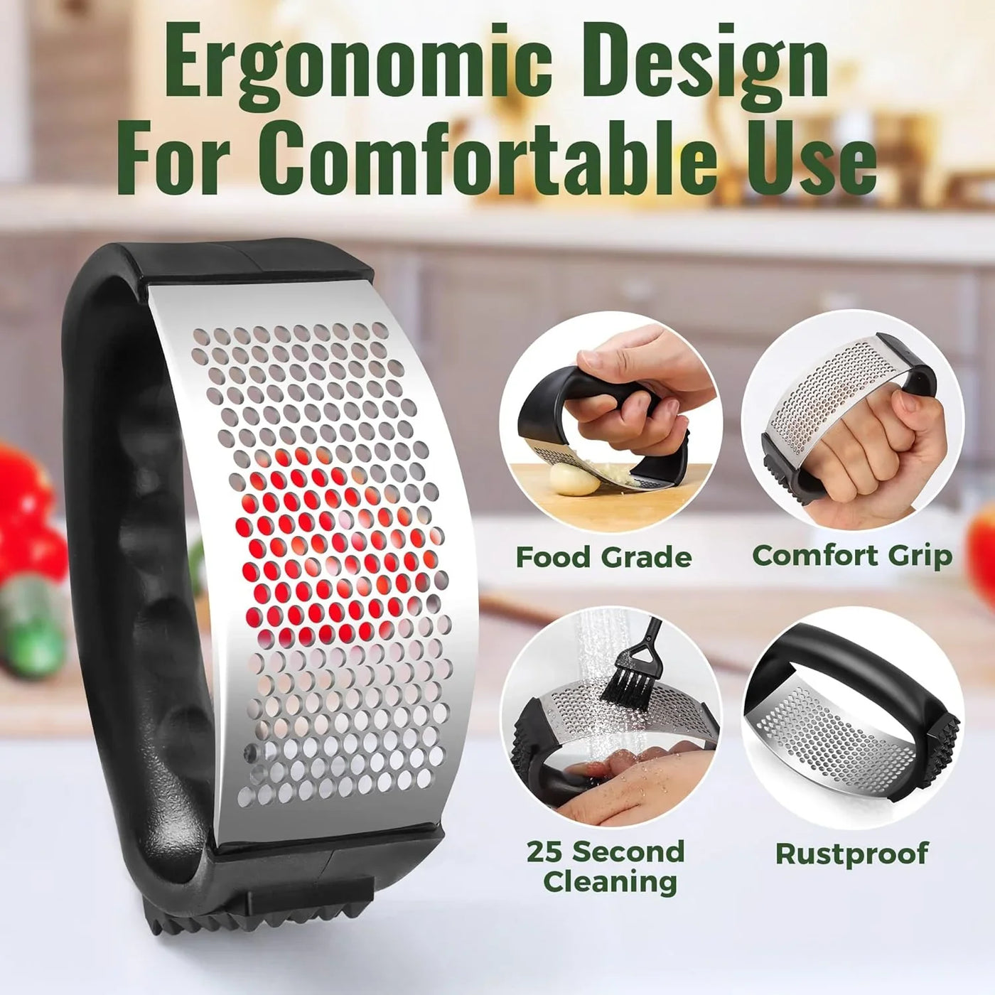 Garlic Press Rocker, Stainless Steel Garlic Mincer and Garlic Crusher, Easy-Squeeze Garlic Tool with Peeler and Cleaning Brush for Smashing Garlic