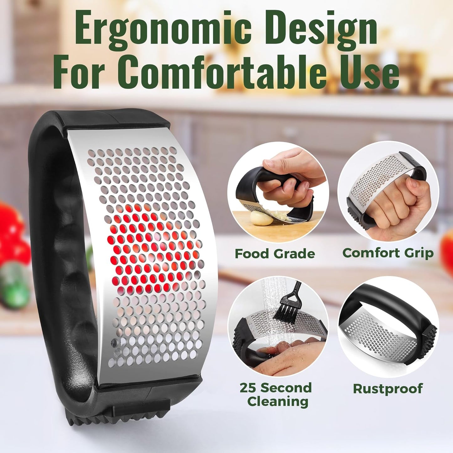 Garlic Press Rocker, Stainless Steel Garlic Mincer and Garlic Crusher, Easy-Squeeze Garlic Tool with Peeler and Cleaning Brush for Smashing Garlic
