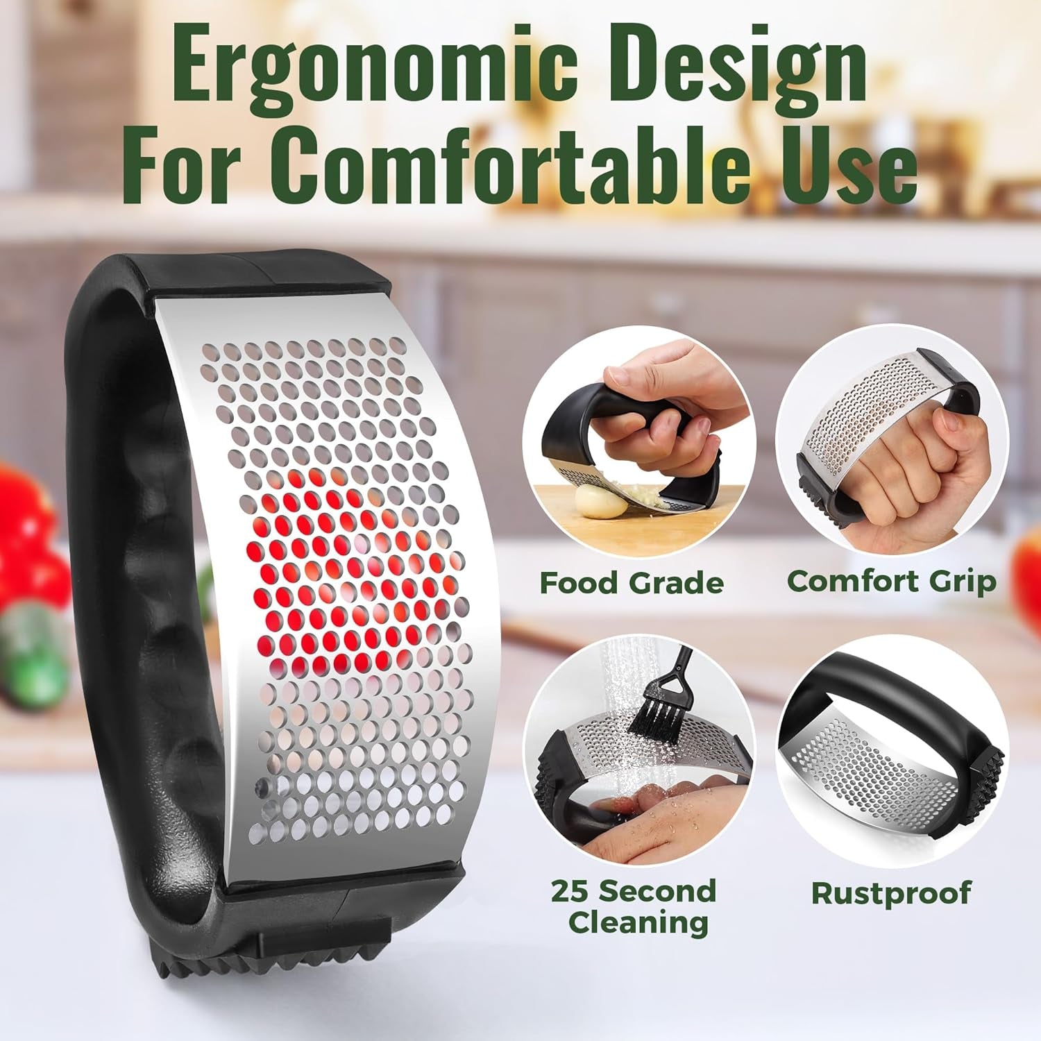Garlic Press Rocker, Stainless Steel Garlic Mincer and Garlic Crusher, Easy-Squeeze Garlic Tool with Peeler and Cleaning Brush for Smashing Garlic