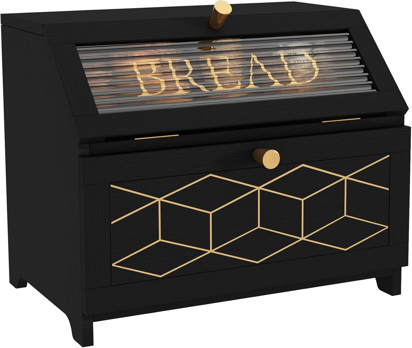 Double Layer Bread Box with Golden Trim for Countertop, Wooden Bread Container for Kitchen Counter, Corner Bread Storage (Black1)