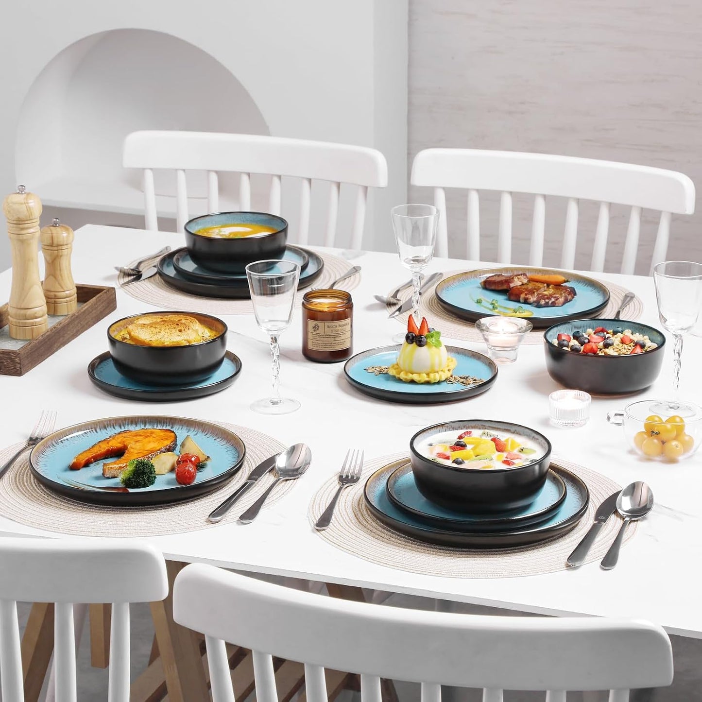 Plates and Bowls Sets, 18 Pieces Stoneware Dinnerware Sets for 6, Kitchen Dish Set Mircowave and Dishwasher Safe Ceramic Dishware, Blue, Series AMBER