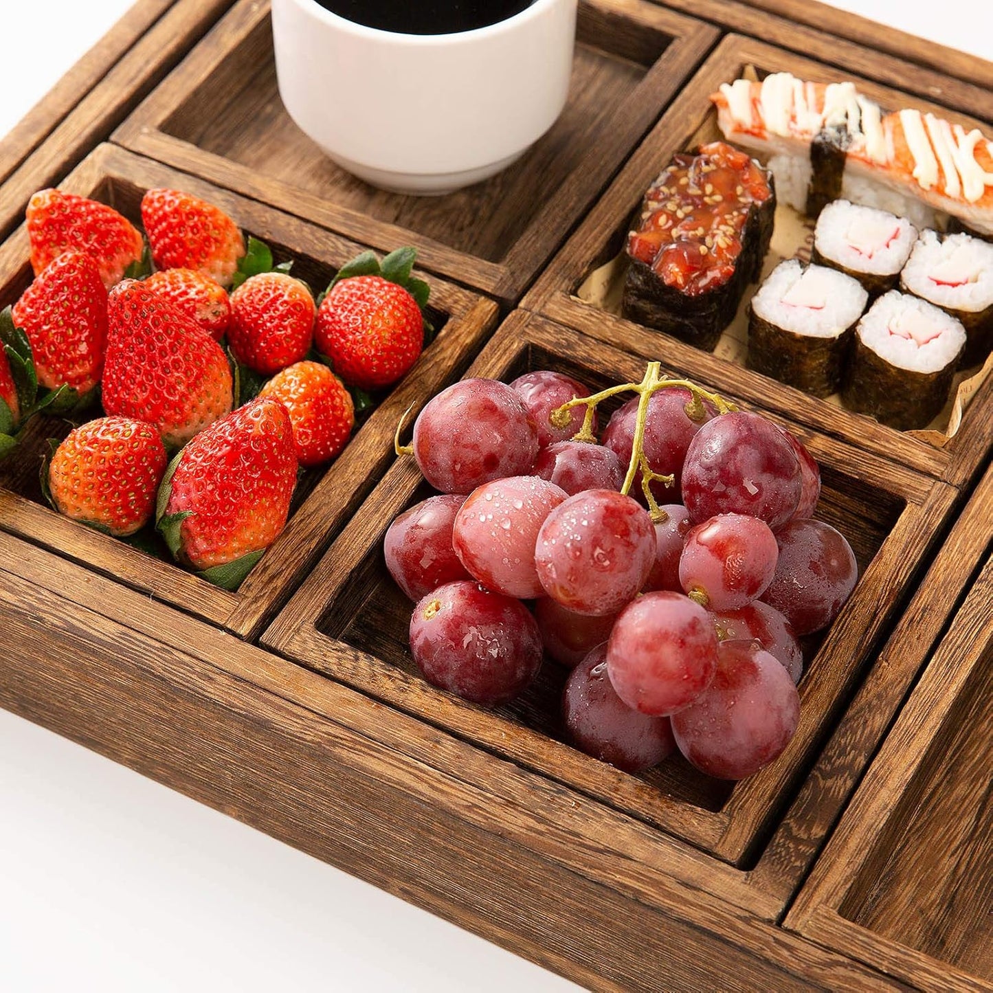 Rustic Wooden Serving Trays with Handle - Set of 7 Rectangular Platters for Entertaining, Breakfast, Coffee Table, Home Decor