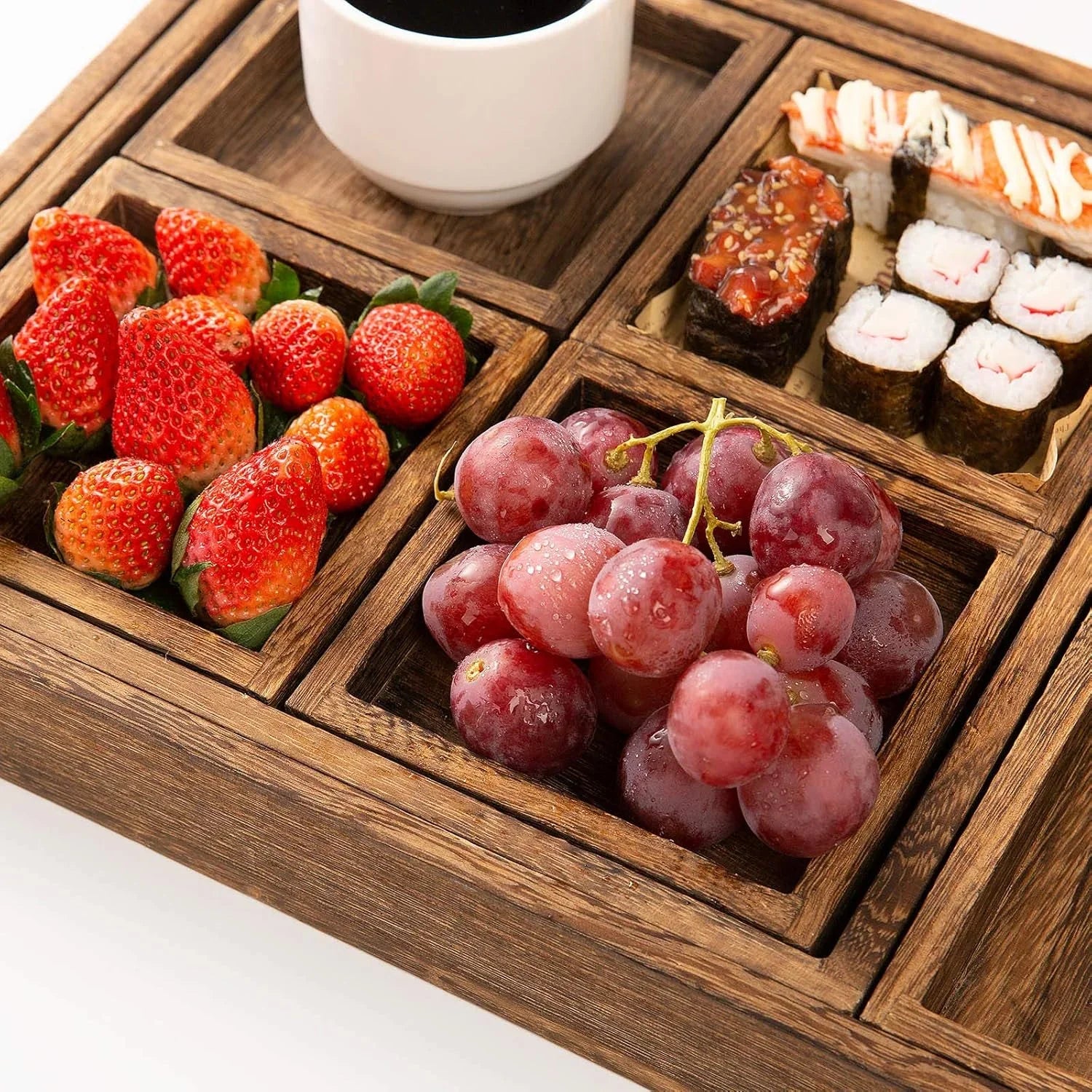 Rustic Wooden Serving Trays with Handle - Set of 7 Rectangular Platters for Entertaining, Breakfast, Coffee Table, Home Decor