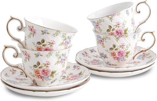 Tea Cups and Saucers Ceramic Coffee Mug 6Oz for Coffee, Latte, Cafe Mocha and Tea-Set of 4, White with Flowers