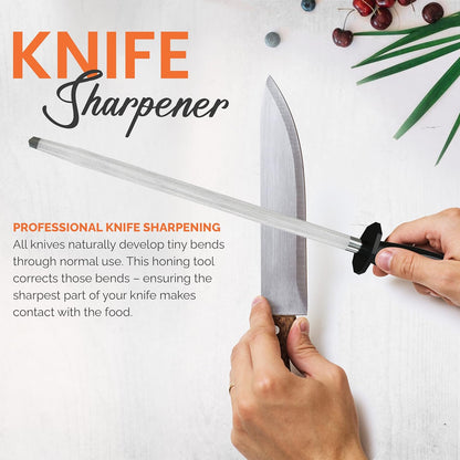Knife Sharpener Rod 12 Inch, Professional Honing Rod for Knife Sharpening with Hanging Hook, Black