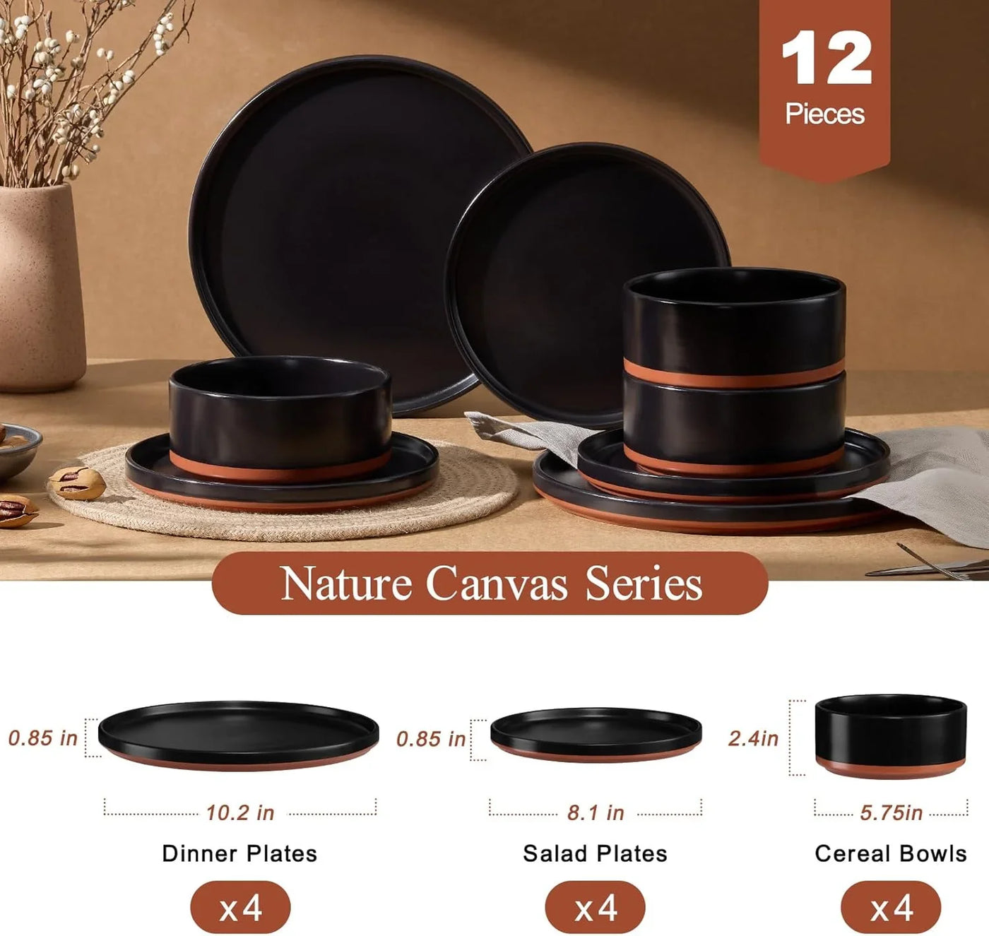 12 Pieces Porcelain Dinnerware Sets, Premium Plates and Bowls Set, High-Fired Ceramic Dishes Set for 4, Chip & Scratch Resistant, Microwave Dishwasher Safe, Charcoal Black