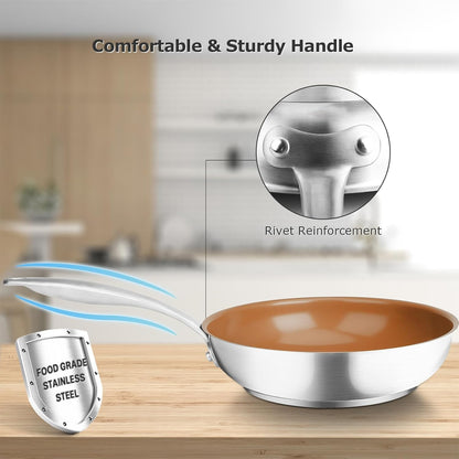 Ceramic Nonstick Frying Pan 8" Stir Fry Pan Skillet with Stainless Steel Handle, PFAS Free, Dishwasher & Oven Safe, All Stovetops & Induction Compatible