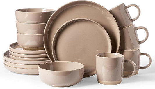 Milkyway Stoneware Dinnerware Sets with Mugs, Service for 4 (16Pcs), Plates and Bowls Sets, Scratch Resistant, Microwave and Dishwasher Safe Dishes Set, Cinnamon Brown