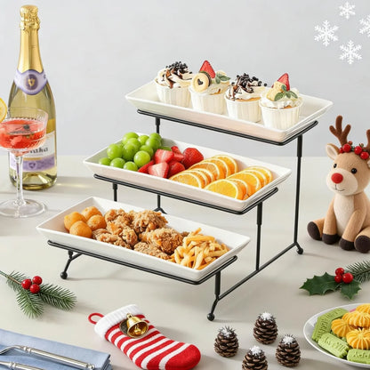 3 Tier Serving Trays for Party, Porcelain Serving Platters and Trays, 12 Inch Tiered Tray Stand, Fruit Tray, Trays for Serving Food, White Dessert Stand with Collapsible Sturdier Metal Rack