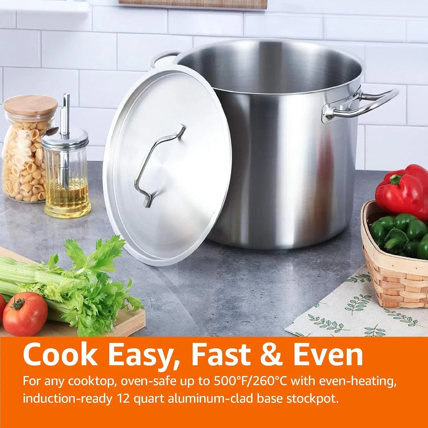 12 Quarts Stainless Steel Aluminum-Clad Stock Pot with Cover, Induction Compatible, Dishwasher Safe, Oven Safe, Even Heating, Soup and Pasta Pot