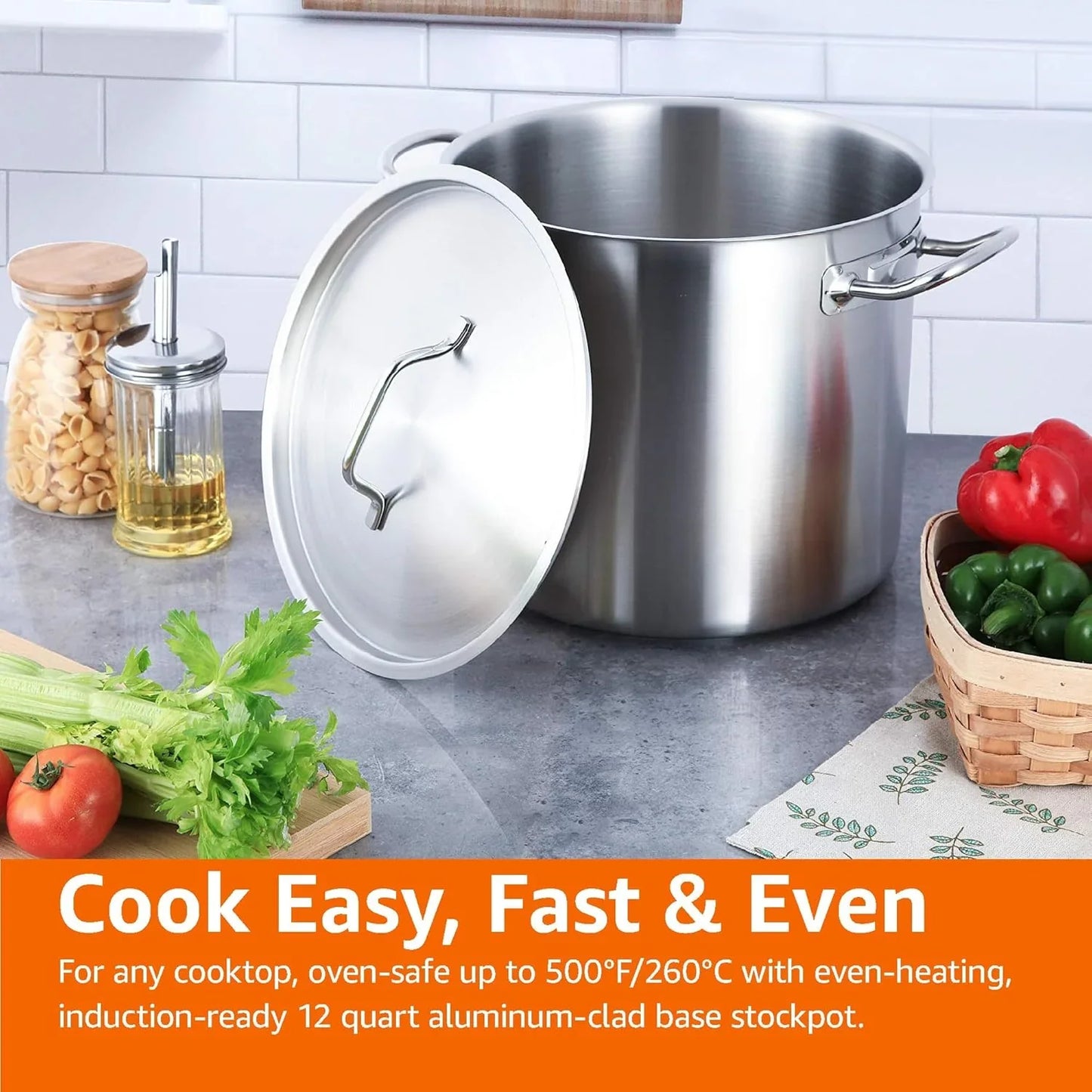 12 Quarts Stainless Steel Aluminum-Clad Stock Pot with Cover, Induction Compatible, Dishwasher Safe, Oven Safe, Even Heating, Soup and Pasta Pot