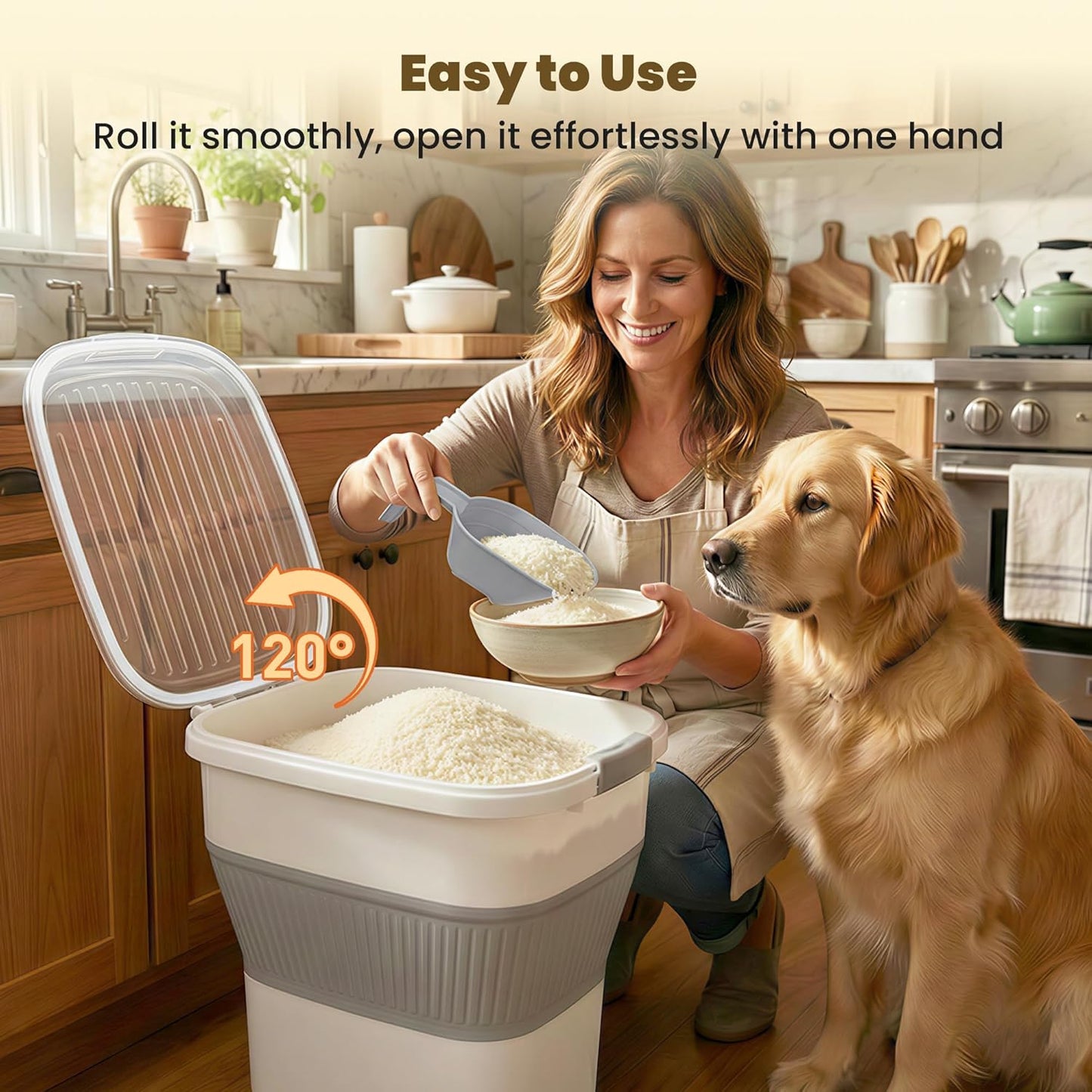 25-50Lbs Rice Container,Collapsible Food Storage Containers with Airtight Clear Lid,Wheels,Rice Storage Container with Small Bin and Scoop,Rice Dispenser for Flour Sugar Cereal Grain Dog Cat
