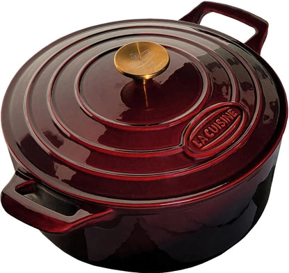 Enameled Cast Iron Dutch Oven Casserole Dish Pot with Lid, 5 QT 10.3“ /26Cm Dia. Internal Matt Black Enamel Coating Gold-Plated SS Lid Handle Oven Safe up to 500° F, Cranberry