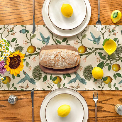 Brown Lemon Tree Bird Flower Summer Table Runner,Spring Kitchen Dining Table Decoration for Home Party Decor 13X72 Inch