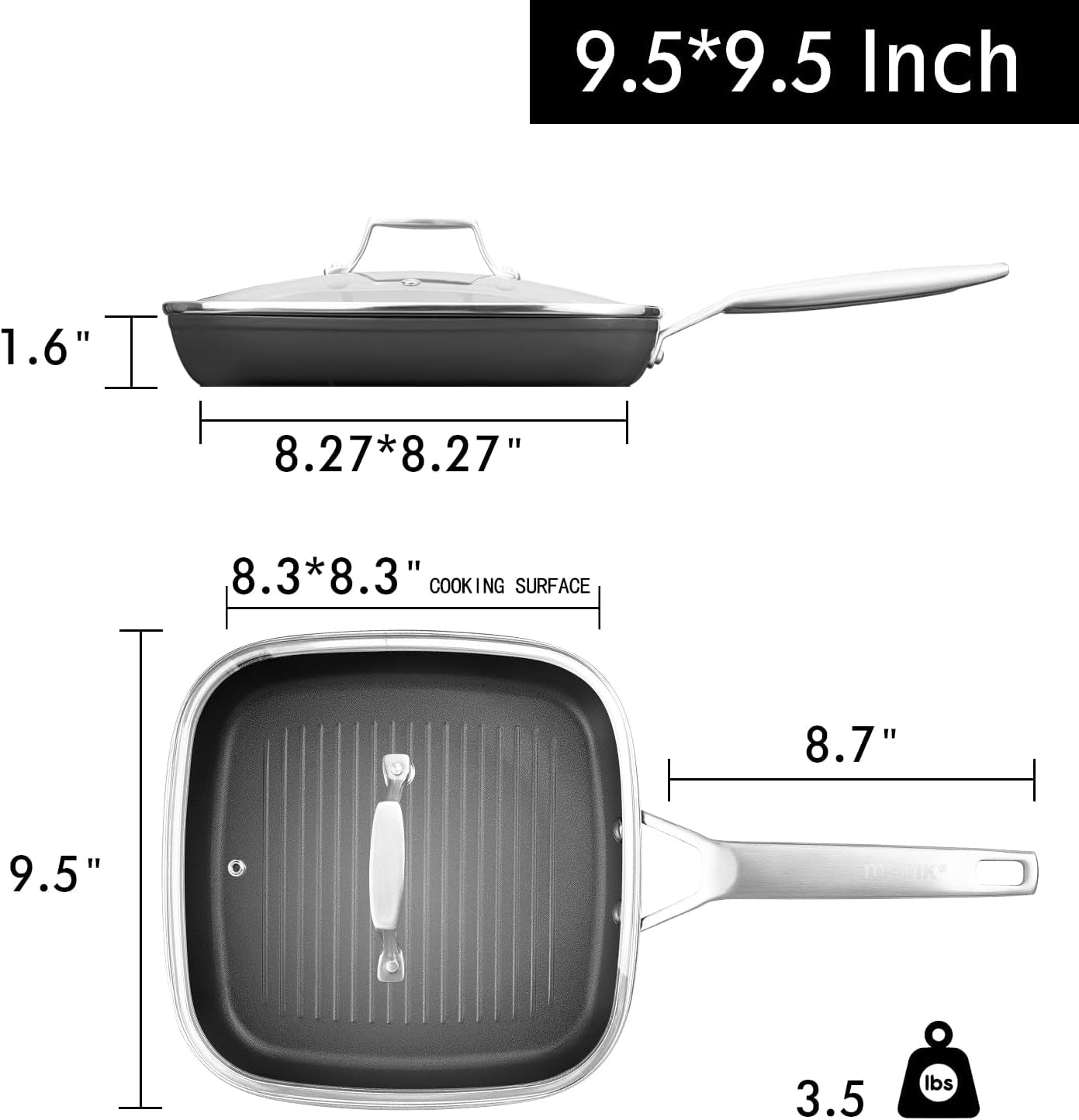 Square Grill Pan with Lid, 9.5 Inch Titanium and Ceramic Nonstick Grilling Skillet Pan，Stay-Cool Handle，Compatible with All Stovetops，Pfoa Free，Dishwasher & Oven Safe，Indoor Chicken Skille