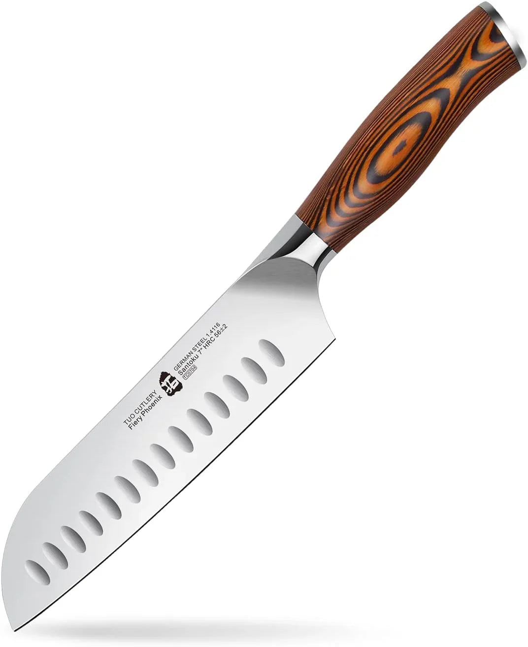 Santoku Knife, 7 Inch Japanese Chef Knife for Vegetable Chopping & Meat Dicing, High Carbon German Steel, Ergonomic Handle - Fiery Phoenix Series
