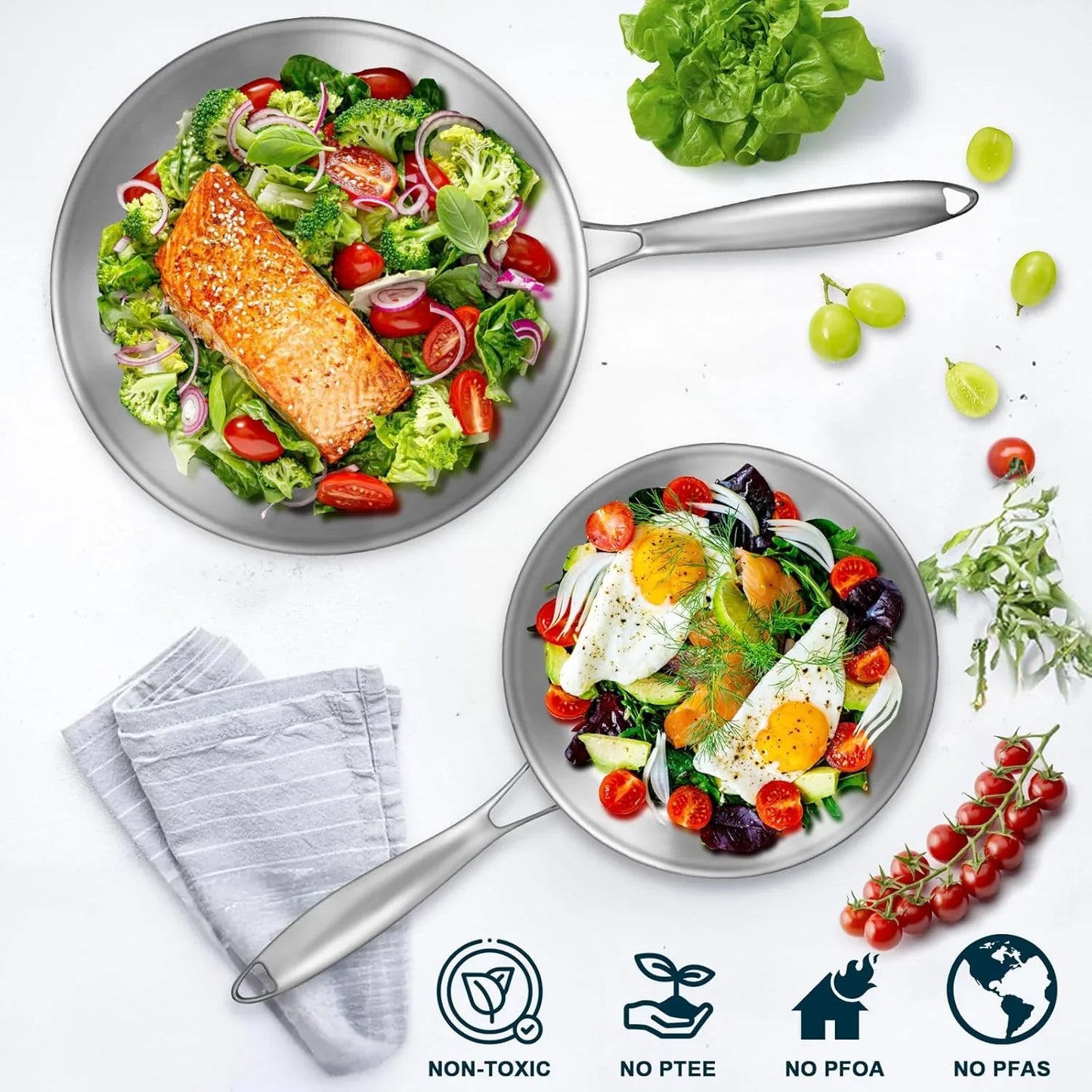 Tri-Ply Stainless Steel Frying Pans Set with Lid,  8”/10”/12” Cooking Pans, PFOA&PTFE Free Skillet, Induction Cooking Pan, Dishwasher and Oven Safe, Fast & Even Heat, Suitable for All Stove