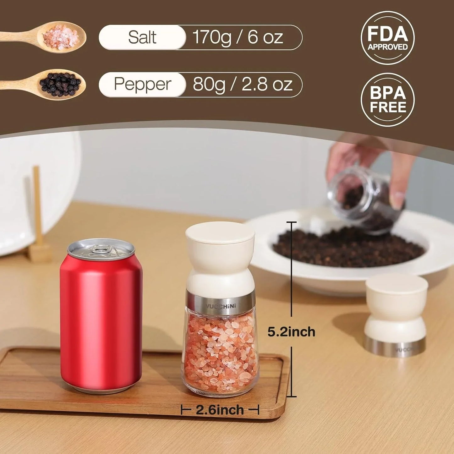 Salt and Pepper Grinder Set with Adjustable Coarseness Ceramic Pepper Mill Manual Effortless Salt Grinder Spice Grinder for Home, Kitchen, Beige