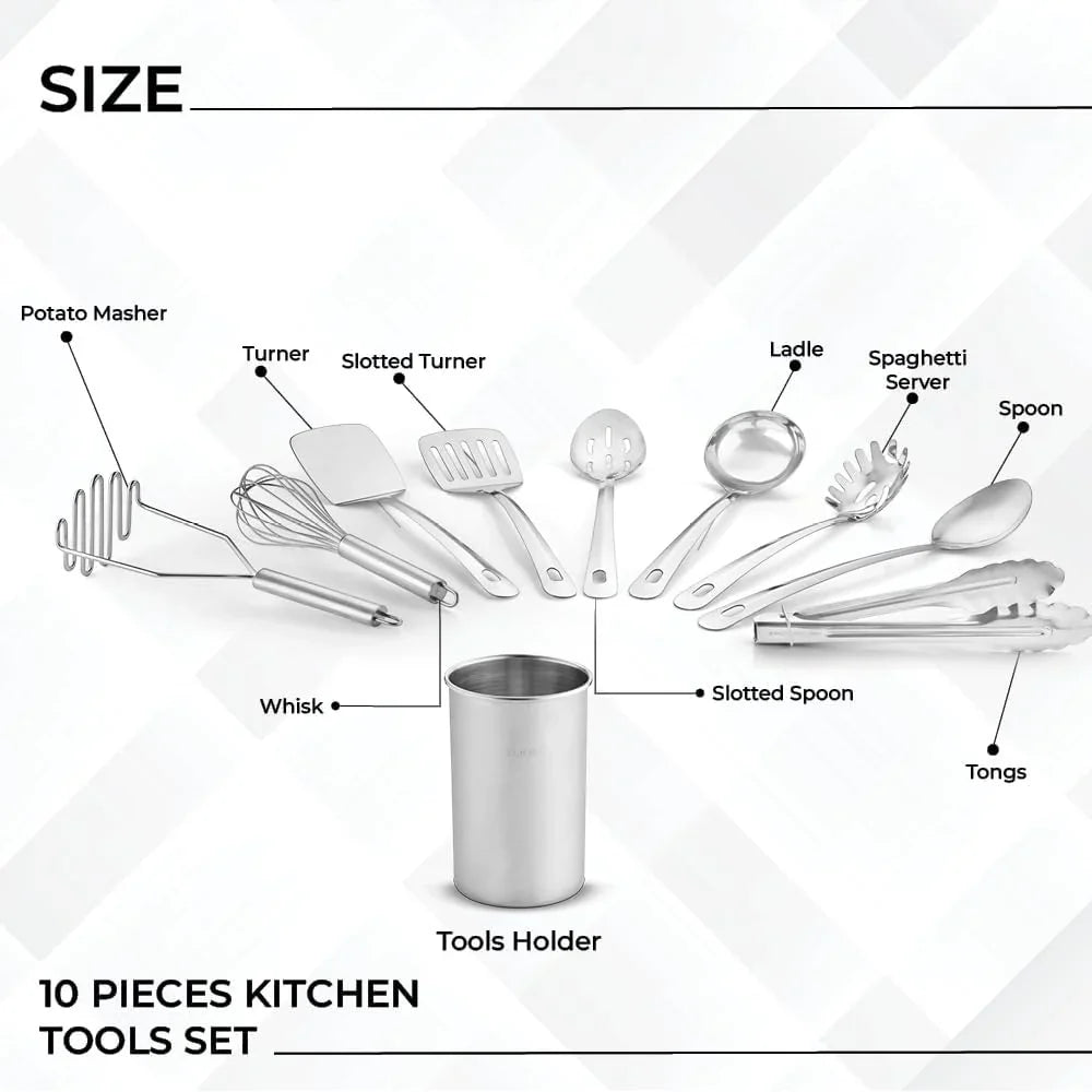 ® Premium Set of 10 Stainless Steel Kitchen Tool Set with Holder Easy to Clean, Space Saving, Great for Cooking, Baking, Prepping