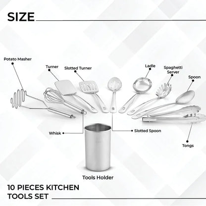 ® Premium Set of 10 Stainless Steel Kitchen Tool Set with Holder Easy to Clean, Space Saving, Great for Cooking, Baking, Prepping