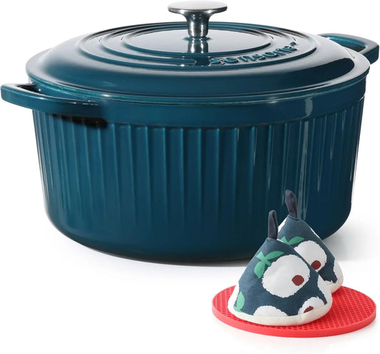 Enameled Cast Iron Dutch Oven Pot with Lid 5.5 Quart Heavy-Duty round Dual Handles Kitchen Pot with Cotton Potholders & Silicone Trivet, Pot for Bread Baking, Stews, Braising, Roasting, Oven Safe up to 500°F, Emerald Green