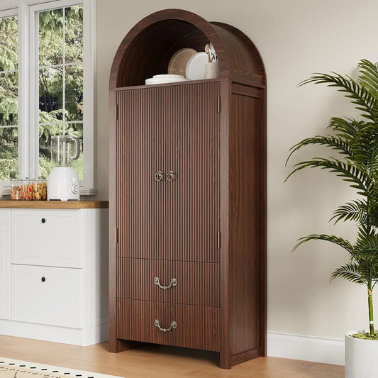 71" Arched Pantry Cabinet with Fluted Doors, Tall Storage Cabinet with 2 Drawers & Adjustable Shelves, Modern Wood Coffee Bar Cabinet for Kitchen, Living Room, Dark Walnut