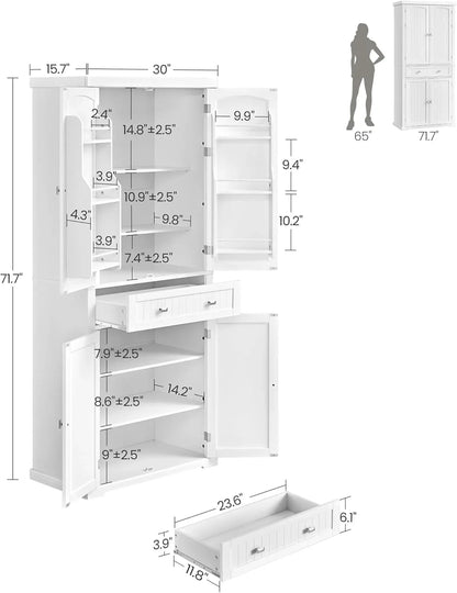 Pantry Cabinet, 71.7-Inch High Freestanding Tall Cupboard Storage Cabinet with a Drawer, 2 Cabinets, 4 Adjustable Shelves, 6 Door Shelves, for Living Room, Kitchen, White UBBC561P31V2