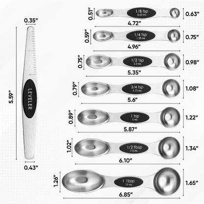 Magnetic Measuring Cups & Spoons Set, Patented, Strong N45 Magnets, Heavy Duty Stainless Steel Fits in Spice Jars for Baking & Cooking, BPA Free, round Set of 15 with Leveler, Black