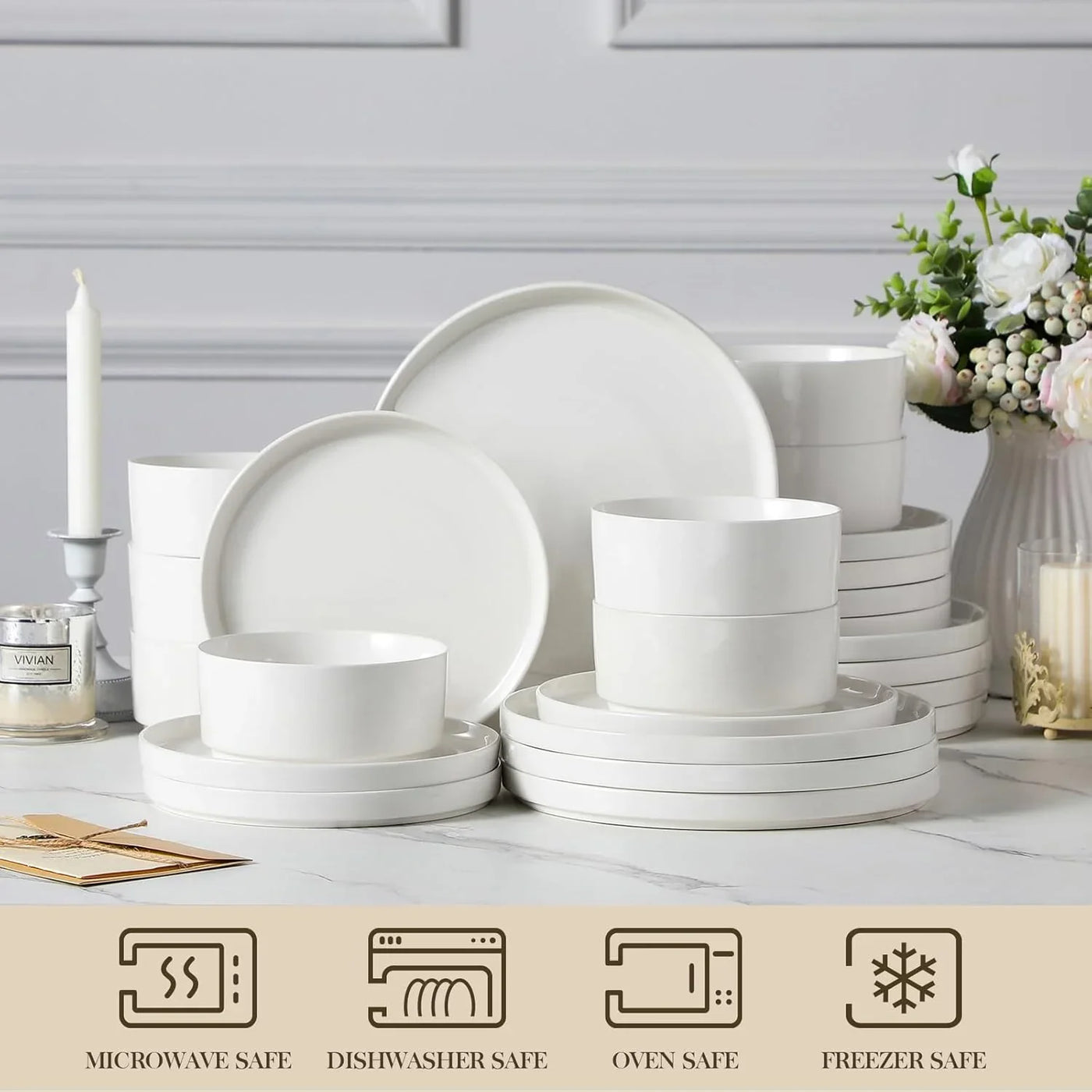 24 Pieces Porcelain Dinnerware Set, Modern White Dish Set for 8, Premium Serving Plates and Bowls Sets, Chip and Scratch Resistant Dishware Sets Kitchen Dishes Dining Ware Set, Series LEAH