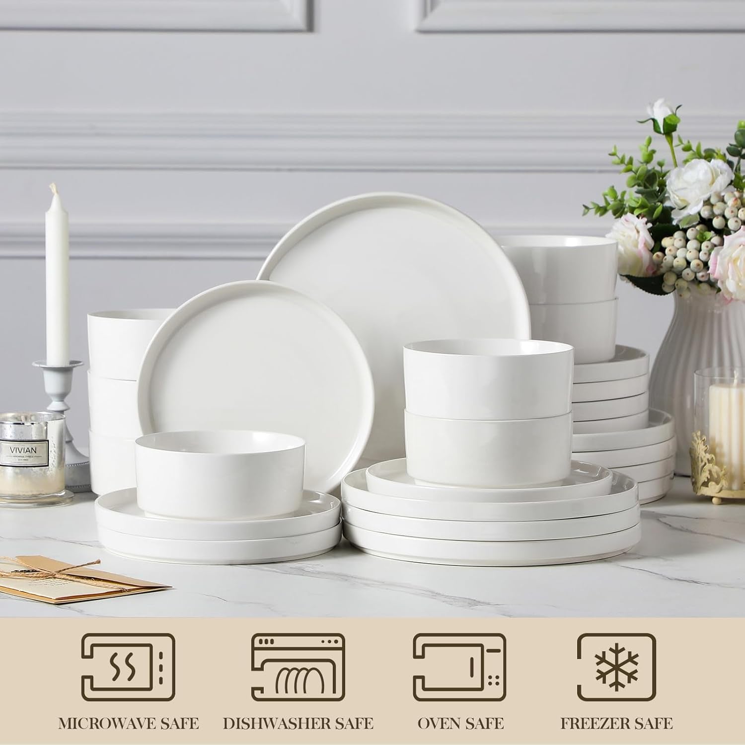 24 Pieces Porcelain Dinnerware Set, Modern White Dish Set for 8, Premium Serving Plates and Bowls Sets, Chip and Scratch Resistant Dishware Sets Kitchen Dishes Dining Ware Set, Series LEAH