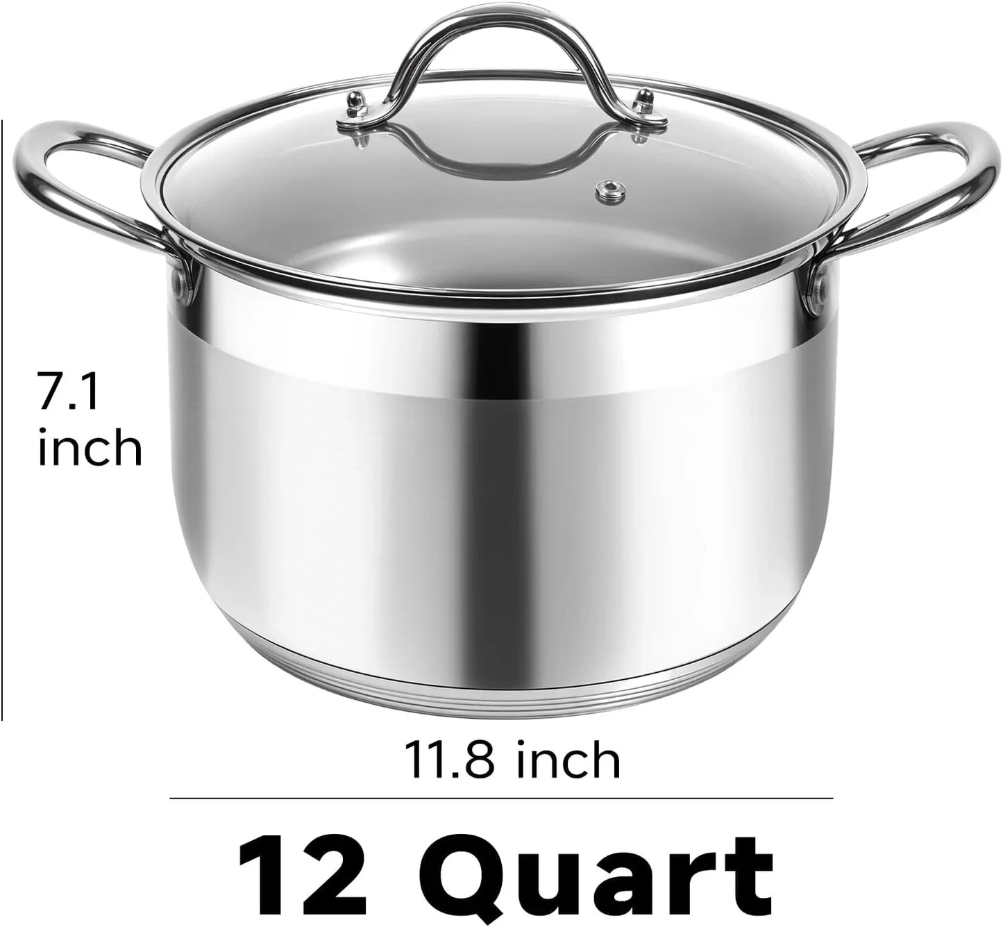 Stainless Steel Stock Pot - 12 Quart Heavy Duty Stock Cooking Pot with Visible Lid for Pasta, Soup, Spaghetti, Nonstick Thick Bottom Big Stockpot, Cookware for Canning, Boiling, Simmer