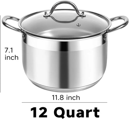 Stainless Steel Stock Pot - 12 Quart Heavy Duty Stock Cooking Pot with Visible Lid for Pasta, Soup, Spaghetti, Nonstick Thick Bottom Big Stockpot, Cookware for Canning, Boiling, Simmer