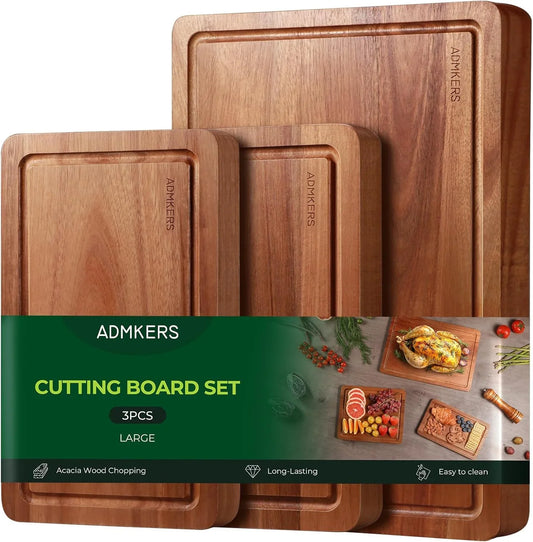 Wood Cutting Boards for Kitchen, Acacia Wooden Cutting Board Set, Charcuterie Board, Large Solid Chopping Board for Meat, Cheese, Fruit, Vegetables (Set of 3)