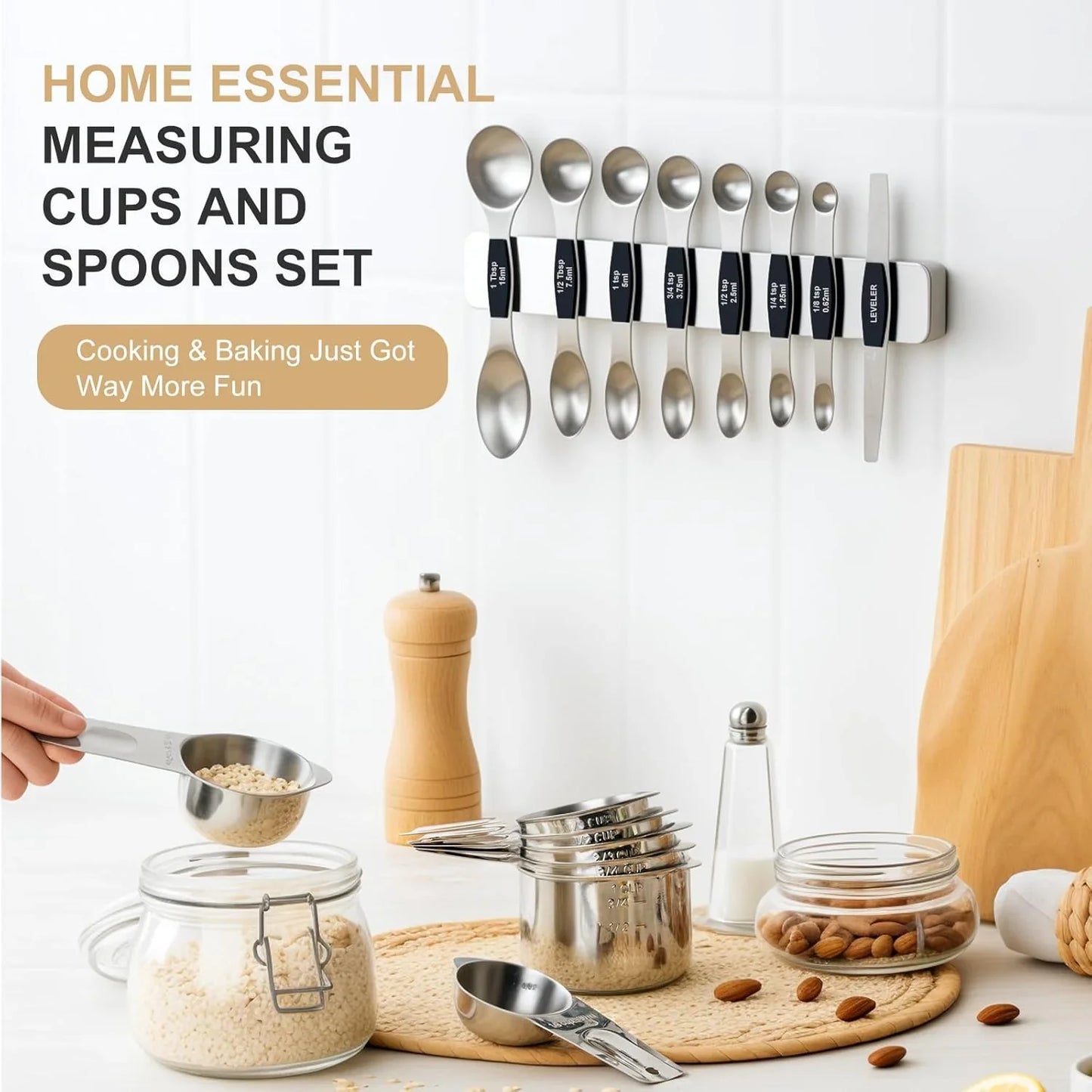 Stainless Steel Measuring Cups & Spoons Set,  Kitchen Tools Nesting Measuring Cups and Spoons, Fits in Spice Jars for Baking & Cooking, BPA Free, Set of 15 with Leveler, Black