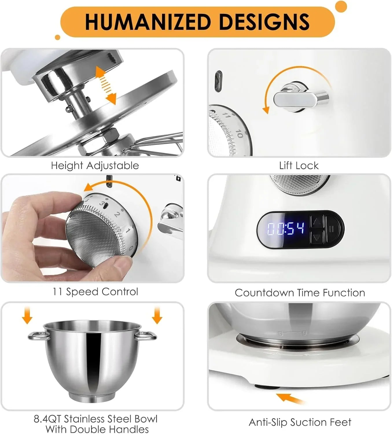 Stand mixer with height adjustable, lift lock, 11-speed control, countdown timer, 8.4QT bowl, anti-slip feet