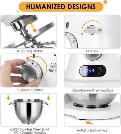 Stand mixer with height adjustable, lift lock, 11-speed control, countdown timer, 8.4QT bowl, anti-slip feet