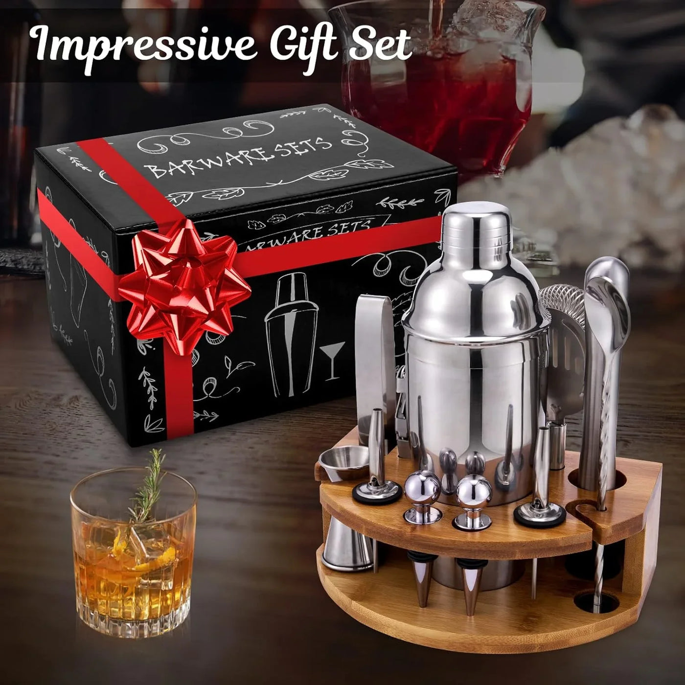 Bartender Kit with Bamboo Stand, 12 Piece 25Oz Cocktail Shaker Set with All Essential Bar Tools Set for Drink Mixing, Ideal Gifts for Cocktail Lovers, Home Bar Bartending Kit with Cocktail Recipes