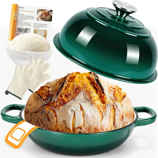 6QT Dutch Oven for Bread Baking, Enameled Cast Iron Dutch Oven Pot with Lid, Multi-Functional Bread Pan, Sourdough Baking Supplies with Proofing Basket, Cast Iron Bread Oven, Silicone Sling & Gloves.