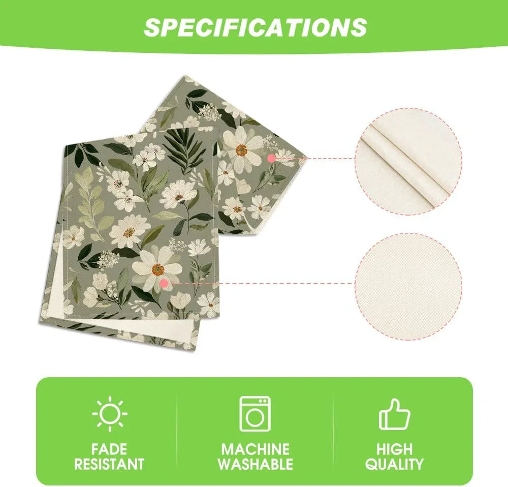 Olive Green Daisy Flowers 210 GSM Spring Table Runner, Seasonal Summer Kitchen Dining Table Decoration for Home Party Decor 13X48 Inch
