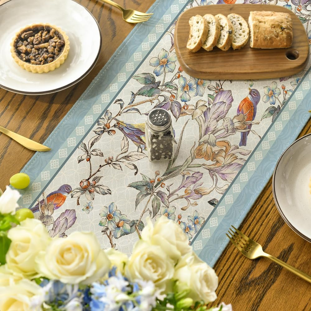 Blue Birds Flowers Blossom Table Runner, Seasonal Spring Floral Kitchen Dining Table Decoration for Home Party Decor 13X72 Inch