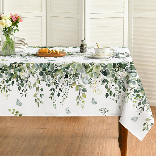Spring Tablecloth 60×84 Inch Rectangular, Green Eucalyptus Washable Seasonal Table Cover for Party Picnic Dinner Decor