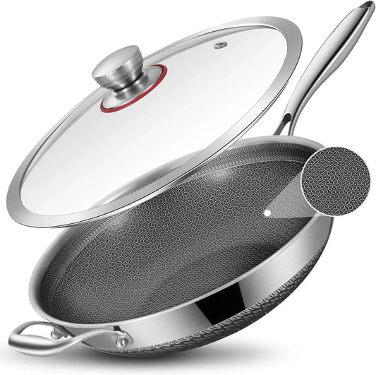 13-Inch Nonstick Wok & Stir-Fry Pan with Lid, Induction Compatible, Tri-Ply Stainless Steel Ceramic Coating Cookware, Perfect for Stir-Frying, Sauté, and Simmering, Dishwasher and Oven Safe