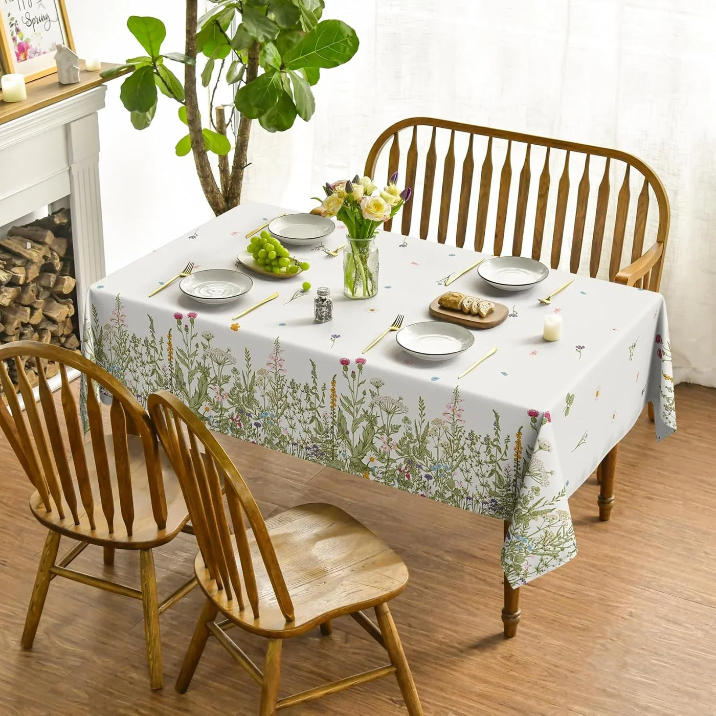 Spring Summer Tablecloth 60X120 Inch Rectangular, Wild Flowers Floral Table Cover for Party Picnic Dinner Decor