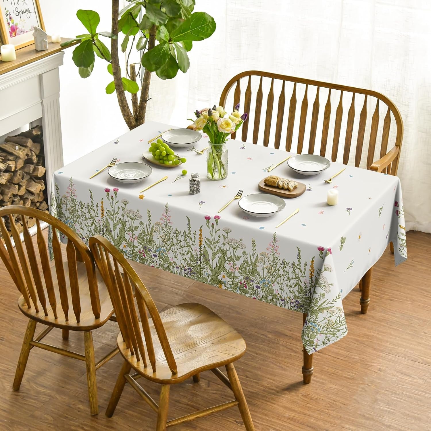 Spring Summer Tablecloth 60X120 Inch Rectangular, Wild Flowers Floral Table Cover for Party Picnic Dinner Decor