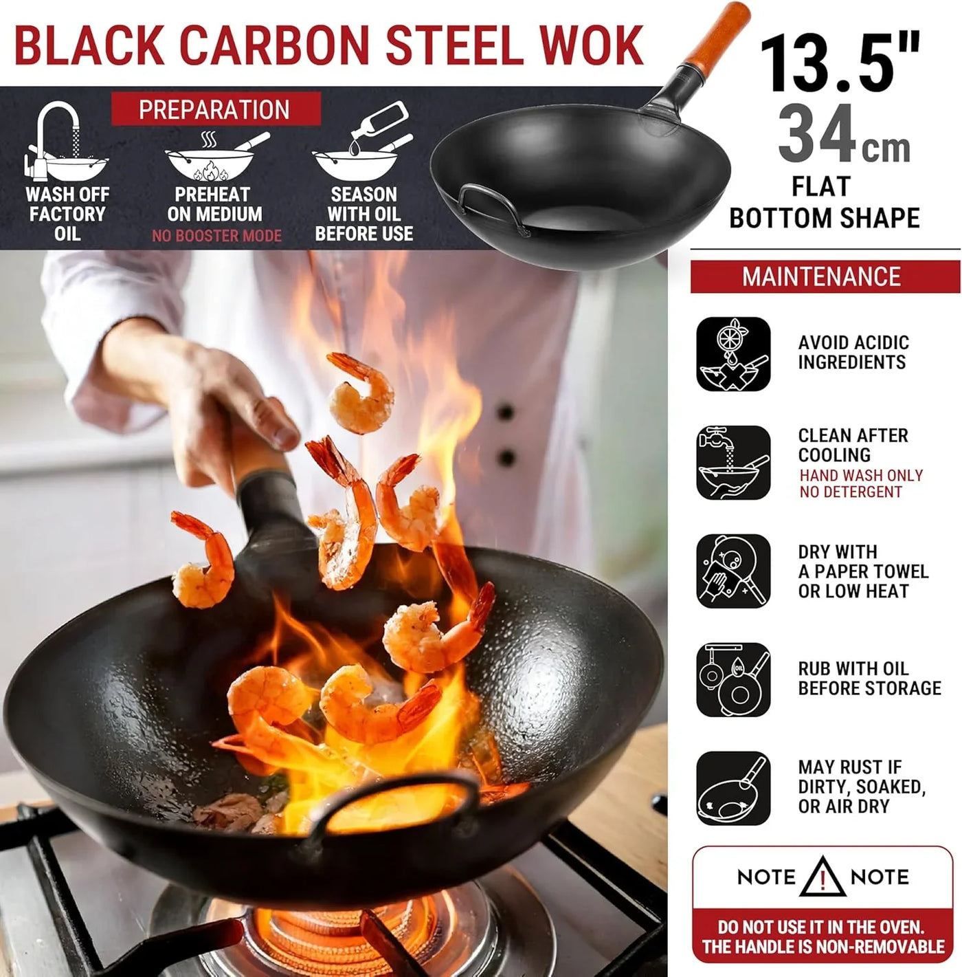13.5" Carbon Steel Wok Pan – Pre-Seasoned Flat Bottom Pow Wok for Stir Fry, BBQ, Grill & Camping – Traditional Japanese Chinese Cookware – Compatible with Induction, Electric, Gas, Open Fire
