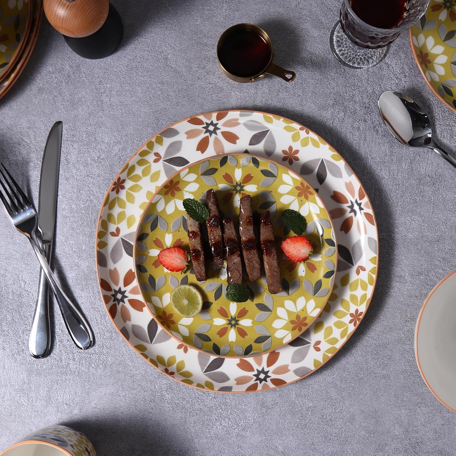 Floral Dinnerware Set, 12 Piece, Bone China, Yellow and Gray Pattern, Microwave and Dishwasher Safe