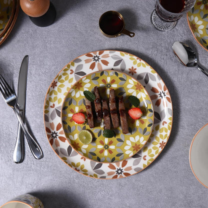 Floral Dinnerware Set, 12 Piece, Bone China, Yellow and Gray Pattern, Microwave and Dishwasher Safe